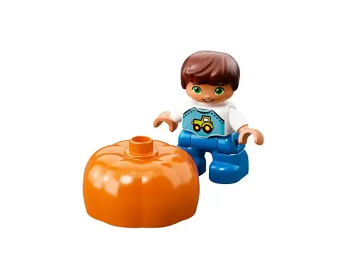 Duplo Figure Lego Ville, Child Boy, Blue Legs, White Top with Tractor Pattern, Reddish Brown Hair Image