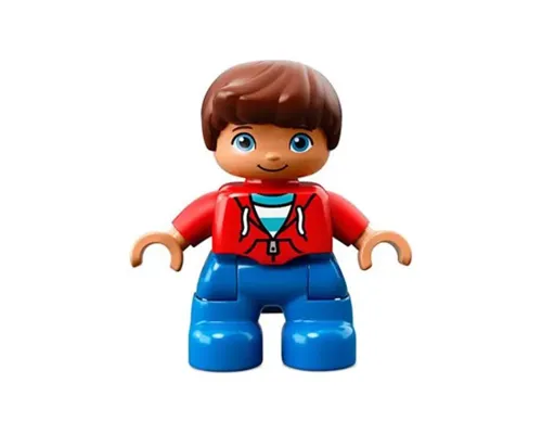 Duplo Figure Lego Ville, Child Boy, Blue Legs, Red Top with Zipper and Pockets, Reddish Brown Hair Image