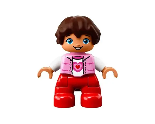 Duplo Figure Lego Ville, Child Girl, Red Legs, Bright Pink Top with Heart Pattern, White Arms, Reddish Brown Hair Image