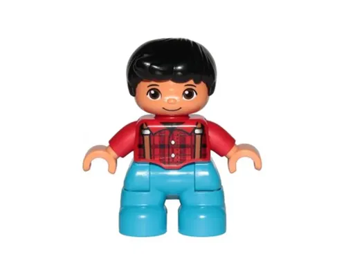 Duplo Figure Lego Ville, Child Boy, Dark Azure Legs, Red Checkered Shirt with Suspenders, Black Hair Image