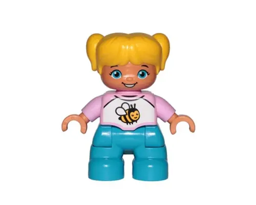 Duplo Figure Lego Ville, Child Girl, Dark Azure Legs, White and Bright Pink Top with Bee, Yellow Hair with Pigtails Image