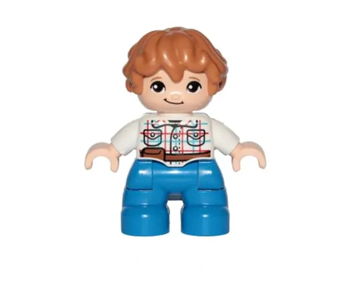 Duplo Figure Lego Ville, Child Boy, Blue Legs, White Checkered Shirt with Belt, Medium Nougat Hair Image