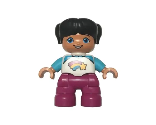 Duplo Figure Lego Ville, Child Girl, Magenta Legs, White and Medium Azure Top with Shooting Star, Black Hair with Pigtails Image