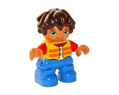 Duplo Figure Lego Ville, Child Boy, Blue Legs, Yellow Vest, Red Arms, Reddish Brown Hair (6265055) Image