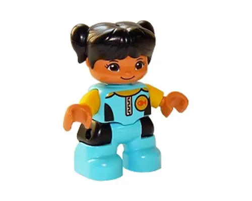 Duplo Figure Lego Ville, Child Girl, Medium Azure Diving Suit, Yellow Arms, Black Hair with Pigtails (6266937) Image