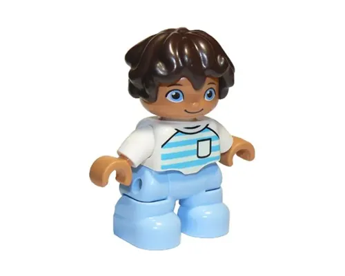 Duplo Figure Lego Ville, Child Boy, Bright Light Blue Legs, White Top with Medium Azure and Light Aqua Stripes, White Arms, Dark Brown Hair (6296134) Image