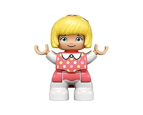 Duplo Figure Lego Ville, Child Girl, White Legs, Coral Top with Polka Dots Pattern, White Arms, Bright Light Yellow Hair with Bow Image