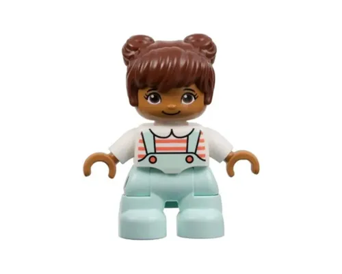 Duplo Figure Lego Ville, Child Girl, Light Aqua Legs, White Top with Coral Stripes, Reddish Brown Hair (6290980) Image