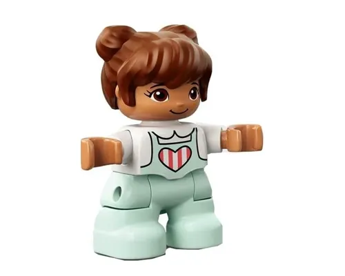 Duplo Figure Lego Ville, Child Girl, Light Aqua Legs, White Top with Coral Stripes in Heart, Reddish Brown Hair (6292954) Image