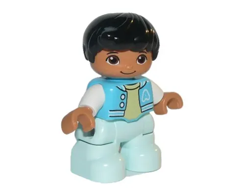 Duplo Figure Lego Ville, Child Boy, Light Aqua Legs, Medium Azure Jacket, Bright Light Yellow Shirt, White Arms, Black Hair Image