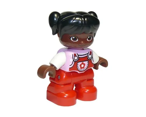 Duplo Figure Lego Ville, Child Girl, Red Legs, Bright Pink Top with Flower on Pocket, White Arms, Black Hair with Pigtails, Oval Eyes Image