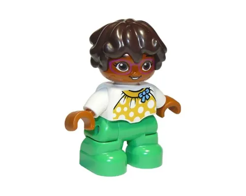 Duplo Figure Lego Ville, Child Girl, Bright Green Legs, White Top with Yellow Pattern and Blue Bow, Dark Brown Wavy Hair, Magenta Glasses (6295446) Image