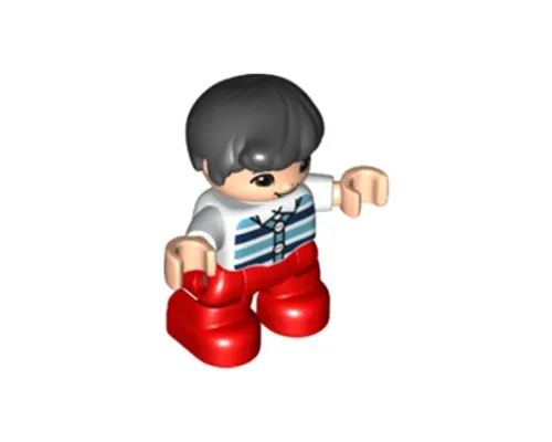 Duplo Figure Lego Ville, Child Boy, Red Legs, White Top with Medium Azure and Dark Blue Stripes, Black Hair Image