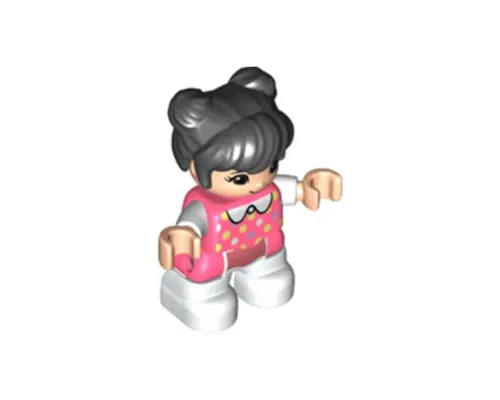 Duplo Figure Lego Ville, Child Girl, White Legs, Coral Top with Polka Dots Pattern, White Arms, Black Hair (6335901) Image