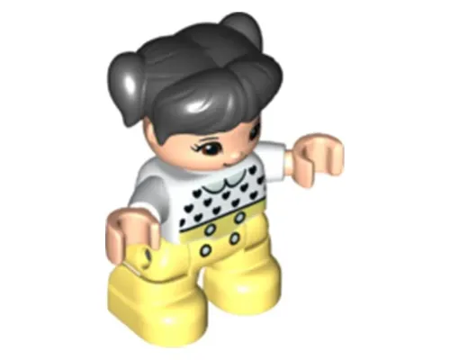 Duplo Figure Lego Ville, Child Girl, Bright Light Yellow Legs, White Top with Black Hearts, Black Hair with Pigtails, Light Nougat Skin (6335905) Image