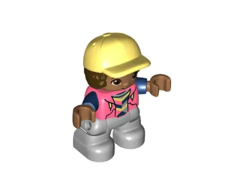 Duplo Figure Lego Ville, Child Boy, Light Bluish Gray Legs, Coral Top with Dark Blue Arms, Dark Brown Hair, Bright Light Yellow Cap (6323946) Image