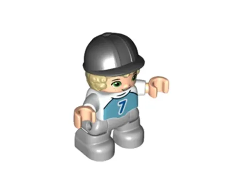 Duplo Figure Lego Ville, Child Boy, Light Bluish Gray Legs, Medium Azure Top with Number 7, Tan Hair, Black Riding Helmet (6323948) Image