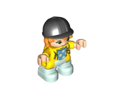 Duplo Figure Lego Ville, Child Girl, Light Aqua Legs, Yellow Jacket with Medium Azure Top with Flowers, Orange Hair, Black Riding Helmet (6323945) Image