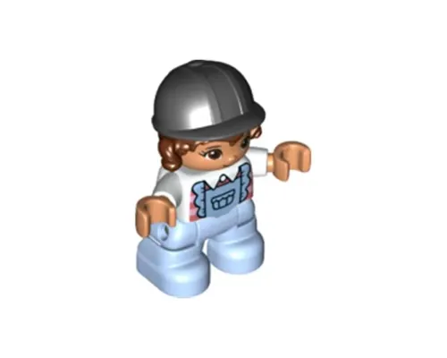 Duplo Figure Lego Ville, Child Girl, Bright Light Blue Legs with Overalls, White Top, Reddish Brown Hair, Black Riding Helmet (6332636) Image