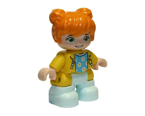 Duplo Figure Lego Ville, Child Girl, Light Aqua Legs, Yellow Jacket with Medium Azure Top with Flowers, Orange Hair Image