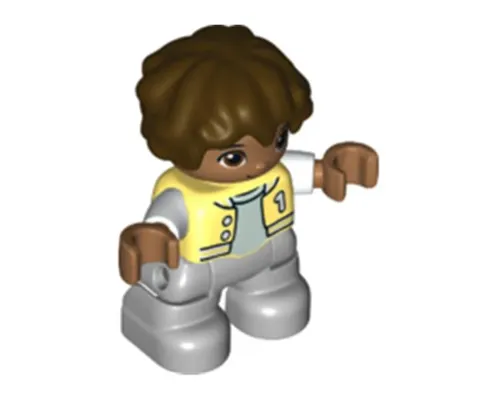 Duplo Figure Lego Ville, Child Boy, Light Bluish Gray Legs, Bright Light Yellow Jacket with Number 1, Dark Brown Hair (6361834) Image