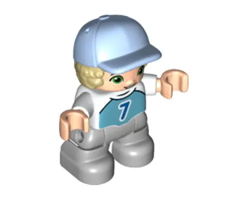 Duplo Figure Lego Ville, Child Boy, Light Bluish Gray Legs, Medium Azure Top with Number 7, Tan Hair, Bright Light Blue Cap (6349785) Image