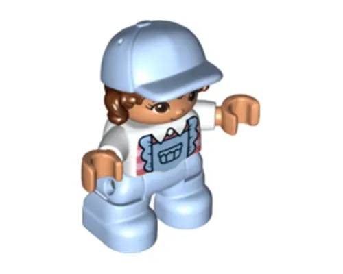 Duplo Figure Lego Ville, Child Girl, Bright Light Blue Legs with Overalls, White Top, Reddish Brown Hair, Bright Light Blue Cap (6349955) Image