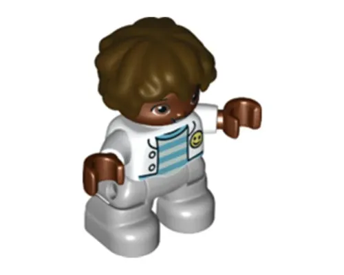 Duplo Figure Lego Ville, Child Boy, Light Bluish Gray Legs, White Jacket, Light Aqua and Medium Azure Striped Top, Dark Brown Hair (6361964) Image