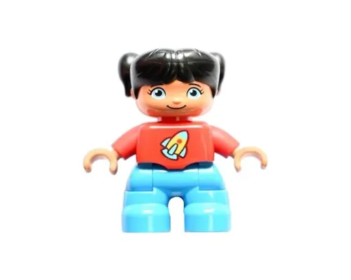 Duplo Figure Lego Ville, Child Girl, Dark Azure Legs, Red Top with Space Rocket Ship, Black Hair (6255022) Image