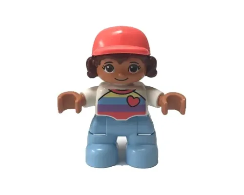 Duplo Figure Lego Ville, Child Girl, Bright Light Blue Legs, White Top with Stripes and Heart, Reddish Brown Hair, Coral Cap (6376729) Image