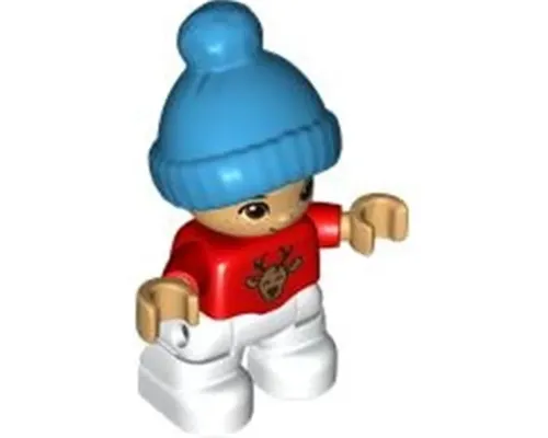 Duplo Figure Lego Ville, Child Boy, White Legs, Red Top with Deer Buck, Freckles, Reddish Brown Eyes, Dark Azure Bobble Cap (6397615) Image