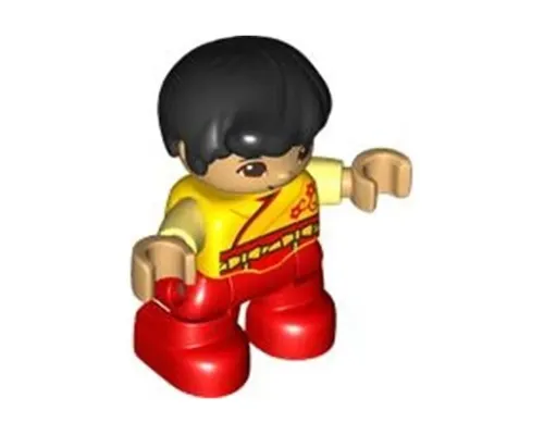 Duplo Figure Lego Ville, Child Boy, Red Legs, Yellow Robe, Bright Light Yellow Arms, Black Hair, Reddish Brown Eyes (6429723) Image