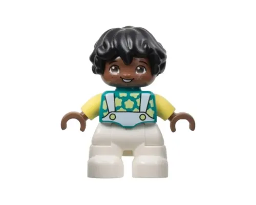 Duplo Figure Lego Ville, Child Boy, White Legs, Dark Turquoise Top with Stars, Bright Light Yellow Arms, Black Hair (6444500) Image