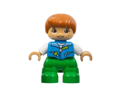 Duplo Figure Lego Ville, Child Girl, Bright Green Legs, Dark Azure Vest, White Shirt, Dark Orange Hair, Hearing Aids (6443276) Image