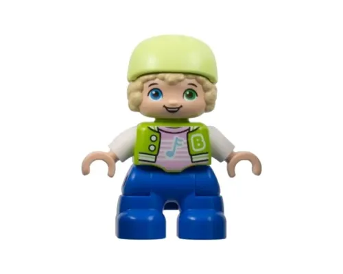 Duplo Figure Lego Ville, Child Boy, Blue Legs, Lime Jacket with White Sleeves, Bright Pink Shirt, Yellowish Green Bicycle Helmet (6424661) Image