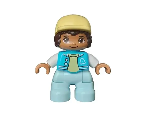 Duplo Figure Lego Ville, Child Boy, Light Aqua Legs, Medium Azure Jacket with Capital Letter A and Buttons, Dark Brown Hair, Bright Light Yellow Cap (6435328) Image