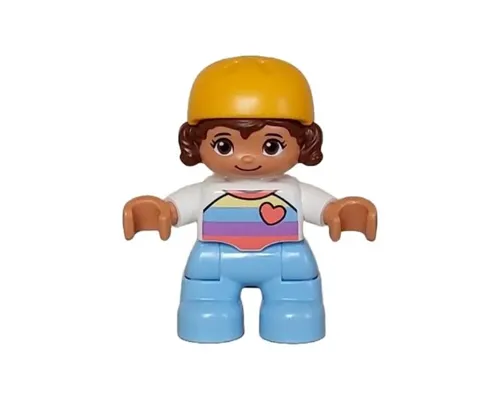 Duplo Figure Lego Ville, Child Girl, Bright Light Blue Legs, White Shirt with Coral, Medium Lavender, Bright Light Blue and Bright Light Yellow Stripes, Coral Heart, Reddish Brown Hair, Bright Light O Image