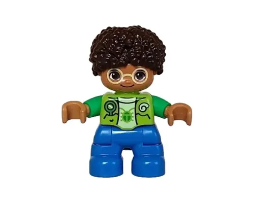 Duplo Figure Lego Ville, Child Boy, Blue Legs, Lime Vest, Yellowish Green Shirt, Bright Light Yellow Glasses, Dark Brown Hair (6446049) Image