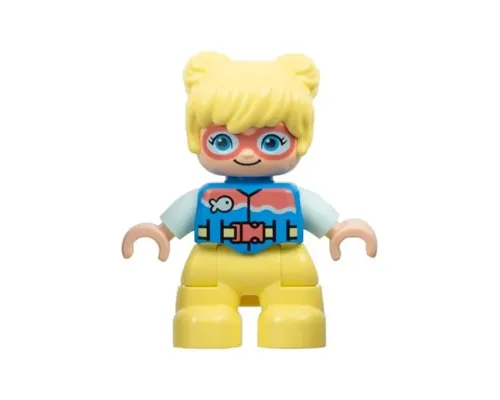 Duplo Figure Lego Ville, Child Girl, Bright Light Yellow Legs and Hair, Dark Azure Vest, Dark Pink Goggles, Light Aqua Arms (6449853) Image