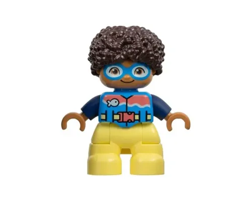 Duplo Figure Lego Ville, Child Boy, Bright Light Yellow Legs, Dark Azure Vest and Goggles, Dark Blue Arms, Dark Brown Hair (6449847) Image