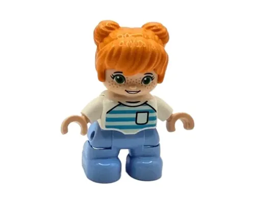 Duplo Figure Lego Ville, Child Girl, Bright Light Blue Legs, Orange Hair, Medium Azure and Light Aqua Striped Shirt, Green Eyes, Freckles, White Arms (6453163) Image