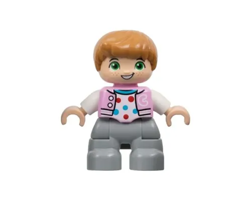 Duplo Figure Lego Ville, Child Boy, Light Bluish Gray Legs, Bright Pink Jacket with Capital Letter C, Polka Dot Shirt, Medium Nougat Hair (6446171) Image