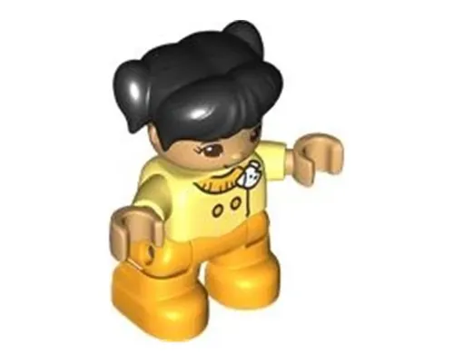 Duplo Figure Lego Ville, Child Girl, Bright Light Orange Legs, Bright Light Yellow Top with White Dog Head, Black Hair with Pigtails (6444088) Image