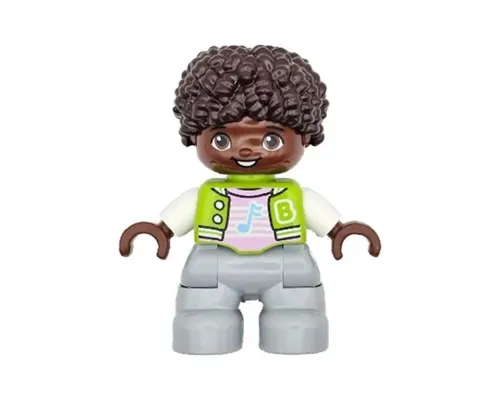 Duplo Figure Lego Ville, Child Boy, Light Bluish Gray Legs, Lime Jacket with White Sleeves, Bright Pink Shirt, Dark Brown Hair (6469554) Image