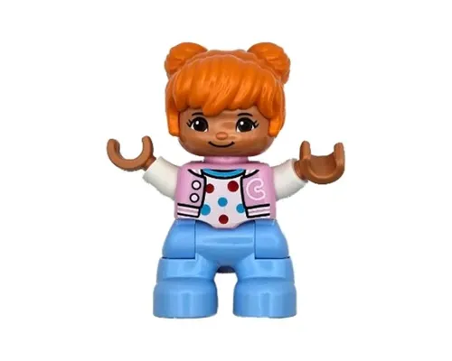 Duplo Figure Lego Ville, Child Girl, Bright Light Blue Legs, Bright Pink Jacket with Capital Letter C, Polka Dot Shirt, Orange Hair (6469539) Image