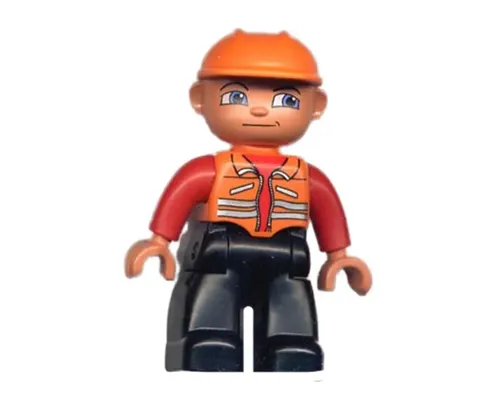 Duplo Figure Lego Ville, Male, Black Legs, Orange Vest, Orange Construction Helmet Image