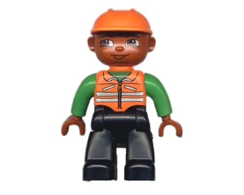 Duplo Figure Lego Ville, Male, Black Legs, Orange Vest with Green Arms, Orange Construction Helmet Image