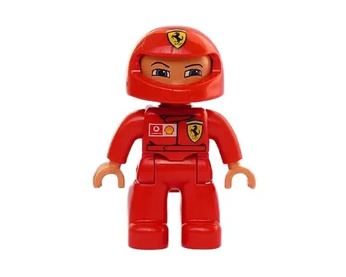 Duplo Figure Lego Ville, Male, Red Legs, Red Top with Ferrari / Shell / Vodafone Pattern, Red Helmet (4233467) Image