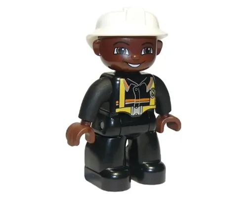 Duplo Figure Lego Ville, Male Fireman, Black Legs, Black Hands, White Helmet, Brown Face Image