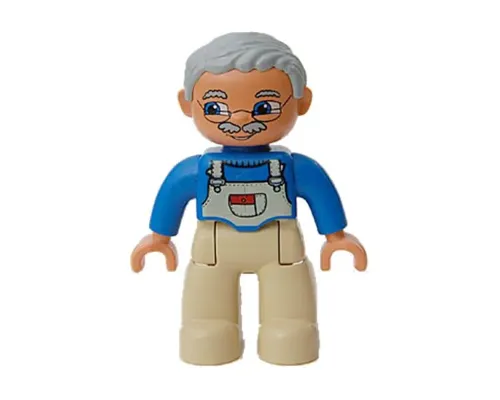 Duplo Figure Lego Ville, Male, Tan Legs, Blue Top with White Overalls Bib, Light Bluish Gray Hair Image